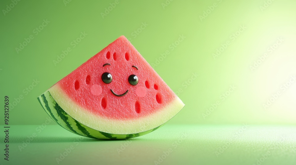 Cute Smiling Watermelon Slice on Green Background. Cute Smiling Watermelon Slice on Green Background.