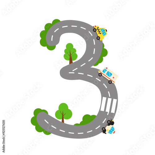 Vector illustration. Road numbers for kids. Number 3.