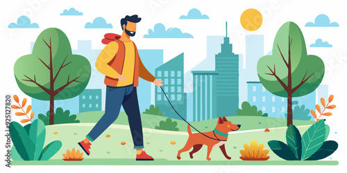 Happy man walks in the city park with his dog. Walking with a pet in nature. Outdoor activities with a four legged friend
