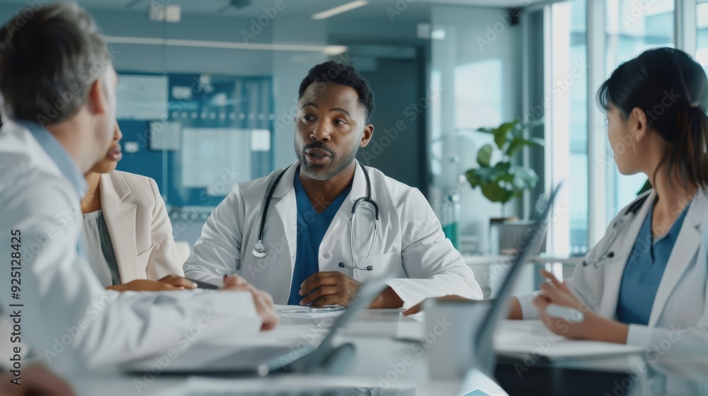 A collaborative meeting scene with diverse healthcare professionals discussing equitable medical access, with a focus on preventing past failures, set in a modern conference room A collaborative meeting scene with diverse healthcare professionals discussing equitable medical access, with a focus on preventing past failures, set in a modern conference room