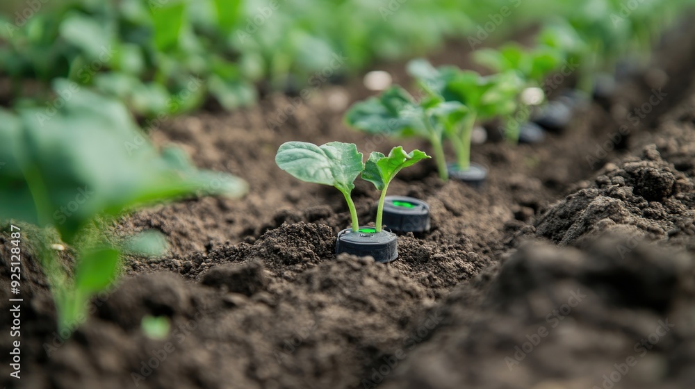 Close-up of sensors placed in the soil, monitoring moisture and nutrients. Close-up of sensors placed in the soil, monitoring moisture and nutrients.