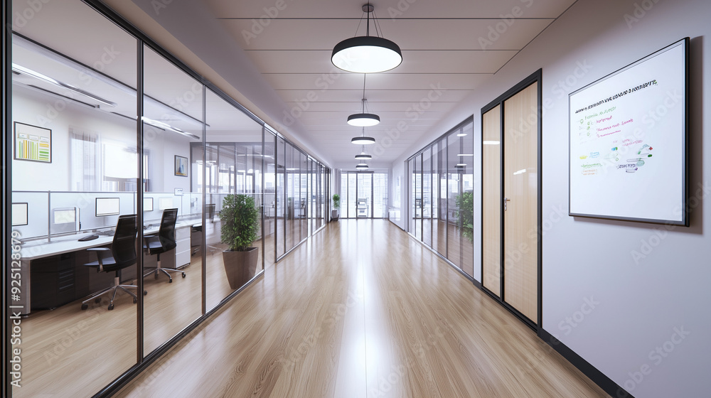 Modern office corridor with glass walls, a combination of white and wooden floors, and a wall-mounted board displaying detailed graphs, exemplifying a clean and minimalist design that emphasizes the s Modern office corridor with glass walls, a combination of white and wooden floors, and a wall-mounted board displaying detailed graphs, exemplifying a clean and minimalist design that emphasizes the s