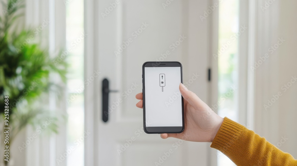 A person holding a smartphone displaying a blank screen, set against a bright interior with green plants. A person holding a smartphone displaying a blank screen, set against a bright interior with green plants.