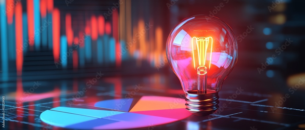 A creative light bulb symbolizes innovation and ideas, set against a backdrop of business graphs and colorful pie charts. A creative light bulb symbolizes innovation and ideas, set against a backdrop of business graphs and colorful pie charts.