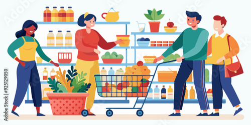 Men and women with baskets and grocery carts select and buy groceries at the grocery store. People buy food at the supermarket
