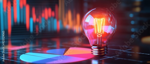 A creative light bulb symbolizes innovation and ideas, set against a backdrop of business graphs and colorful pie charts.