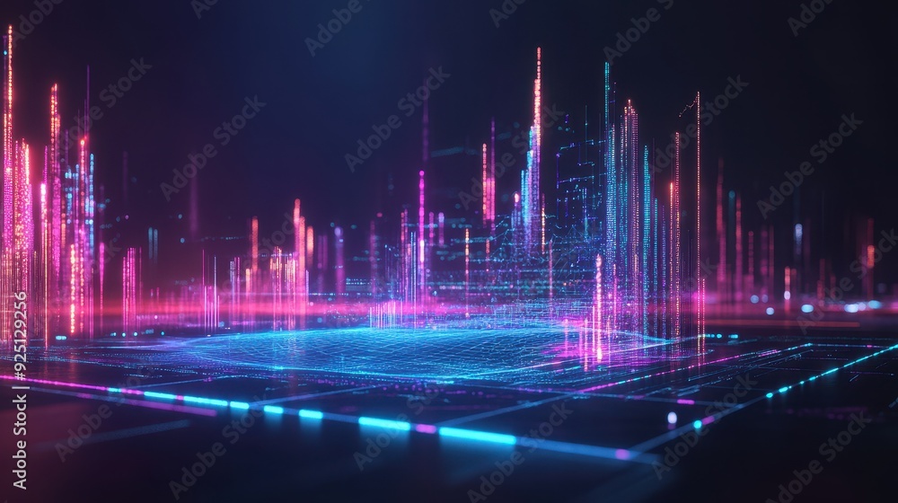 Abstract Neon Cityscape with Glowing Lines and Grid Pattern - Futuristic Technology Background Abstract Neon Cityscape with Glowing Lines and Grid Pattern - Futuristic Technology Background