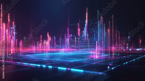 Abstract Neon Cityscape with Glowing Lines and Grid Pattern - Futuristic Technology Background