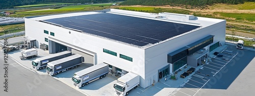  In the aerial view of an industrial building with solar panels on its roof, the scene captures a clean and modern warehouse photo