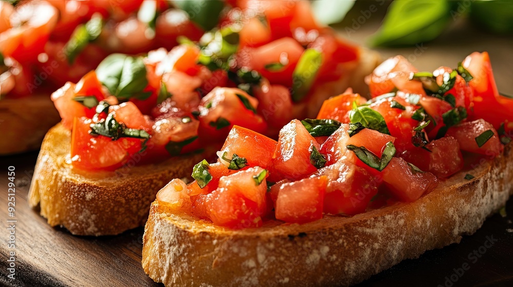 Freshly made bruschetta with tomatoes, garlic, and basil on toasted bread. Freshly made bruschetta with tomatoes, garlic, and basil on toasted bread.