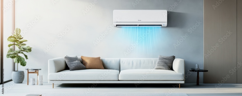 Modern living room featuring a stylish sofa and a sleek air conditioner, creating a comfortable and cool atmosphere. Modern living room featuring a stylish sofa and a sleek air conditioner, creating a comfortable and cool atmosphere.