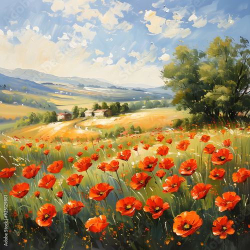 Tranquil countryside scene brought to life with an oil painting of blooming poppy fields in spring photo