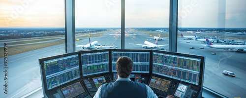 A view from an airport control tower, showcasing an air traffic controller managing flight operations with multiple screens.