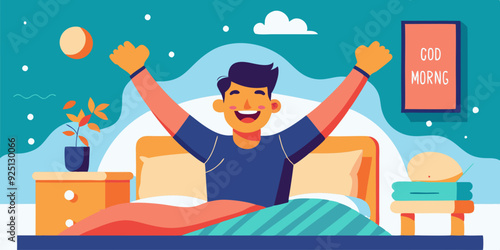 Happy man woke up and stretches in bed. Good morning. Awakening. Wake up. Vector illustration
