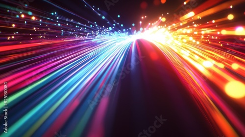 High-speed data transmission through a fiber optic cable, with colorful light beams.