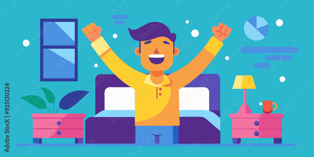 Happy man woke up and stretches in bed. Good morning. Awakening. Wake up. Vector illustration
Happy man woke up and stretches in bed. Good morning. Awakening. Wake up. Vector illustration