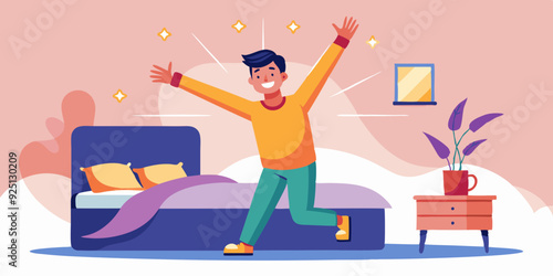 Happy man woke up and stretches in bed. Good morning. Awakening. Wake up. Vector illustration
