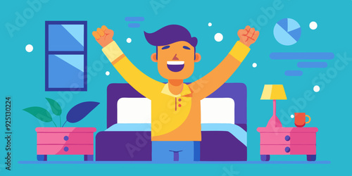 Happy man woke up and stretches in bed. Good morning. Awakening. Wake up. Vector illustration
