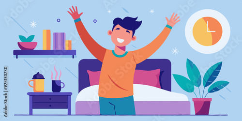 Happy man woke up and stretches in bed. Good morning. Awakening. Wake up. Vector illustration
