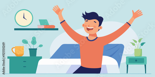 Happy man woke up and stretches in bed. Good morning. Awakening. Wake up. Vector illustration
