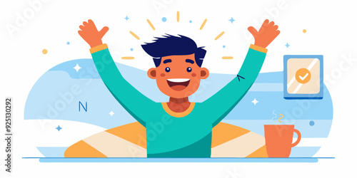 Happy man woke up and stretches in bed. Good morning. Awakening. Wake up. Vector illustration
