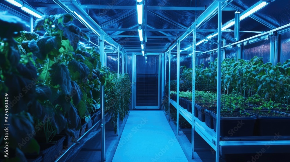 High-tech greenhouse with automated climate control and LED lighting. High-tech greenhouse with automated climate control and LED lighting.