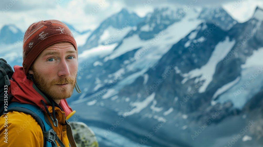 An adventurous man, dressed in outdoor gear, is hiking on a snowy mountain range with a serious expression, surrounded by majestic peaks. An adventurous man, dressed in outdoor gear, is hiking on a snowy mountain range with a serious expression, surrounded by majestic peaks.