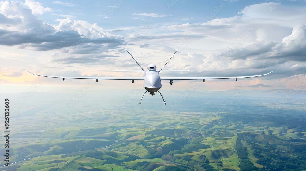 Fototapeta premium A small plane is flying through the sky with clouds in the background