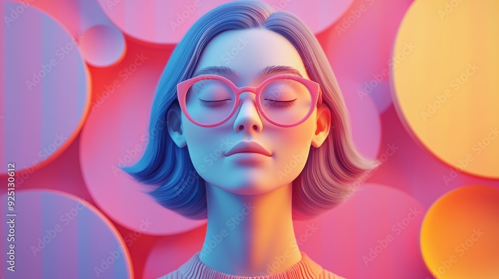 Vibrant Portrait of a Woman with Pink Glasses and Colorful Background in Modern Art Style Vibrant Portrait of a Woman with Pink Glasses and Colorful Background in Modern Art Style