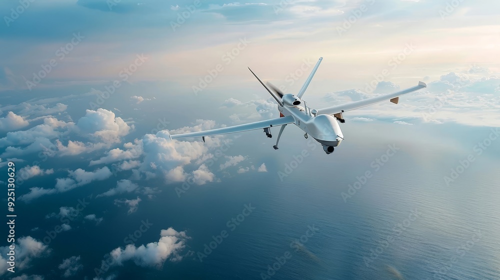 Obraz premium A small plane is flying through the sky with clouds in the background