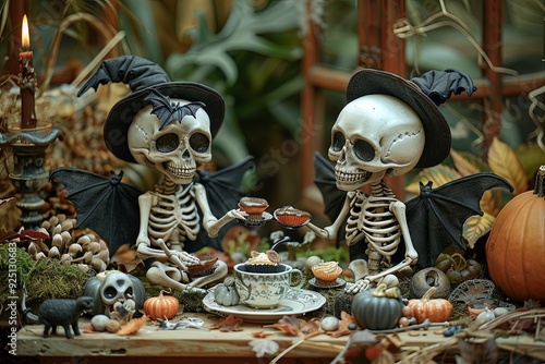 Playful skeleton and bat friends having a Halloween tea party with spooky treats photo