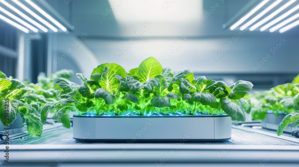 A vibrant display of fresh lettuce growing under LED lights in a modern indoor garden setup, showcasing innovative agriculture. A vibrant display of fresh lettuce growing under LED lights in a modern indoor garden setup, showcasing innovative agriculture.