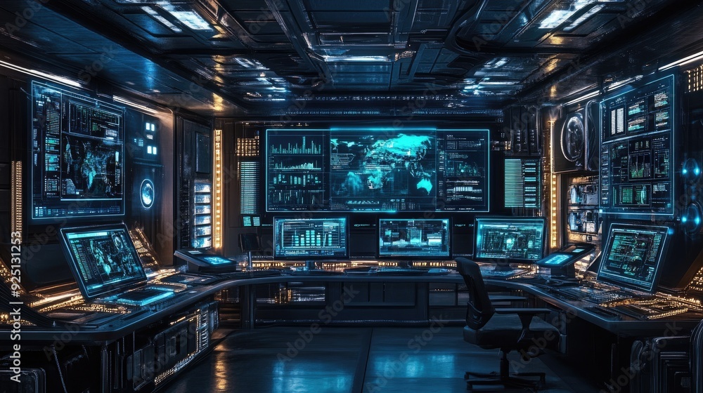 Modern communication hub with multiple screens displaying real-time data. Modern communication hub with multiple screens displaying real-time data.