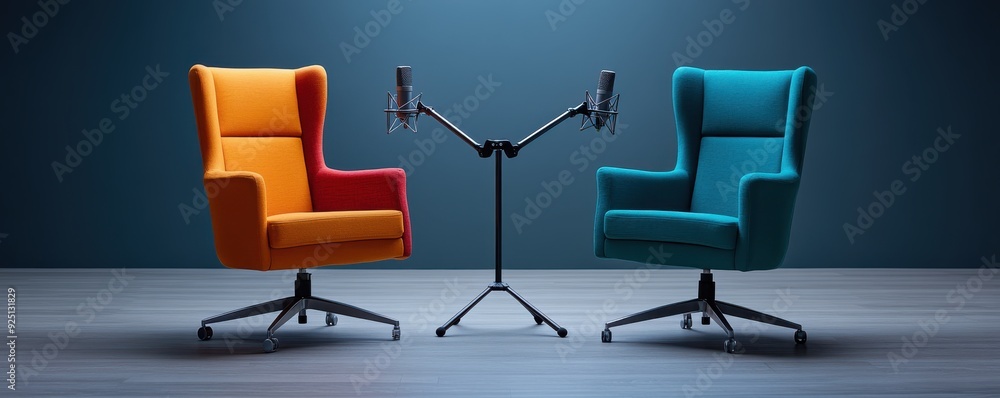 A vibrant scene featuring two stylish chairs in orange and teal, set against a moody backdrop, perfect for modern interior designs. A vibrant scene featuring two stylish chairs in orange and teal, set against a moody backdrop, perfect for modern interior designs.