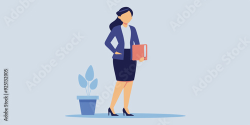 Business woman or secretary. Businesswoman stands in full growth holding a folder in her hands. Vector illustration
