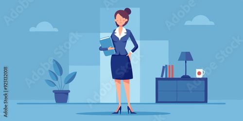 Business woman or secretary. Businesswoman stands in full growth holding a folder in her hands. Vector illustration
