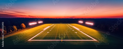 Aerial view of a well-lit football field at sunset, showcasing vibrant colors and a serene atmosphere for sports enthusiasts.