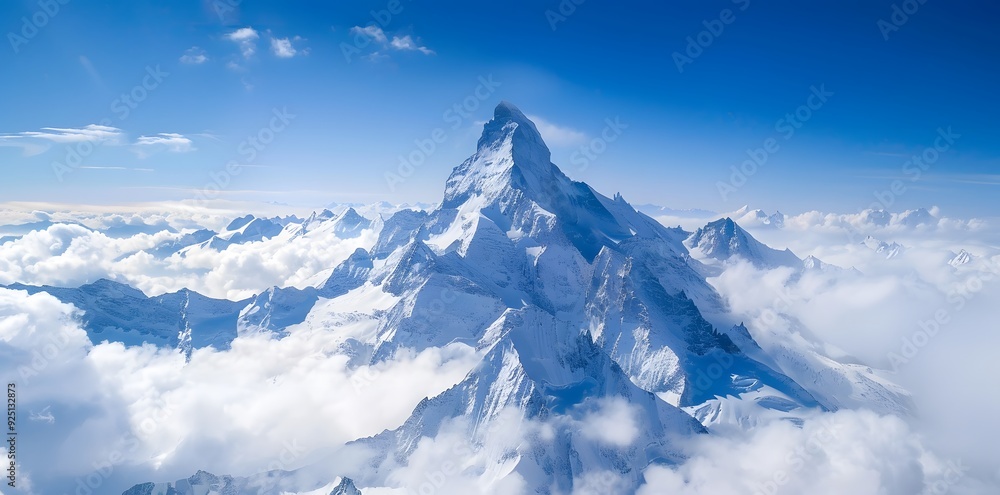 A majestic mountain peak piercing through a sea of clouds under a blue sky. A majestic mountain peak piercing through a sea of clouds under a blue sky.