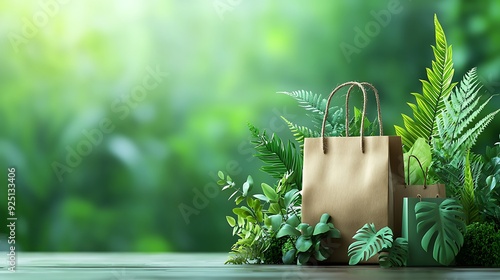 A 3D illustration of sustainable shopping, promoting eco-friendly retail practices within a green marketing concept, with space for copy. photo