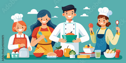 Set of characters preparing meals. A pastry chef making a cake, a family making dumplings, a housewife making soup
