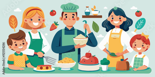 Set of characters preparing meals. A pastry chef making a cake, a family making dumplings, a housewife making soup
