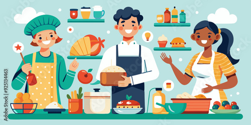 Set of characters preparing meals. A pastry chef making a cake, a family making dumplings, a housewife making soup
