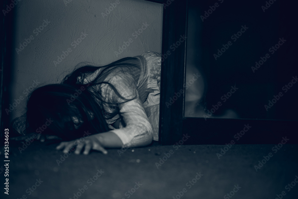 Portrait of asian woman make up ghost face with blood,Horror scene,Scary background,Halloween poster,Thailand people,Ghost movies poster Portrait of asian woman make up ghost face with blood,Horror scene,Scary background,Halloween poster,Thailand people,Ghost movies poster