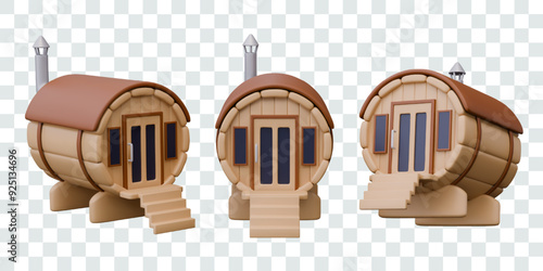 Wooden barrel sauna with doors and windows. Mini house for cleaning and warming procedures