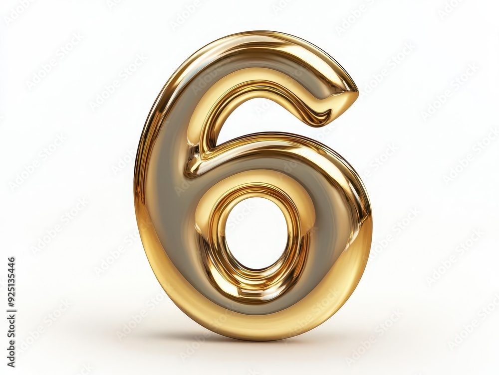 Shiny golden number 6, 3D rendering, isolated on white background. Shiny golden number 6, 3D rendering, isolated on white background.