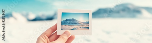 A hand holding a vintage photo of a snowy mountain landscape, evoking feelings of nostalgia and adventure in a tranquil setting.