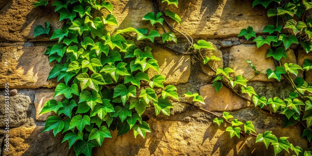 Vibrant green ivy crawls up a weathered stone wall in Tbilisi, its delicate tendrils and leaves casting intricate shadows on the aged, rough-hewn surface. Vibrant green ivy crawls up a weathered stone wall in Tbilisi, its delicate tendrils and leaves casting intricate shadows on the aged, rough-hewn surface.