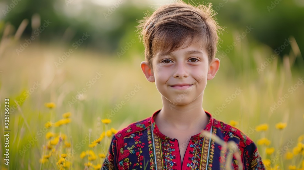 A young boy wearing a traditional embroidered shirt, standing in a field of yellow flowers with a calm, pleasant expression. A young boy wearing a traditional embroidered shirt, standing in a field of yellow flowers with a calm, pleasant expression.