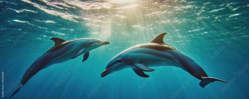 Fototapeta premium Two playful dolphins swim gracefully beneath sunlit ocean waters, showcasing their beauty and intelligence in a serene environment.
