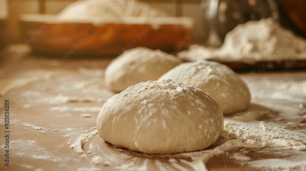 Image shows 3 pizza dough balls on a floured surface, with baking tools in the background, creating a peaceful home baking scene for pizza preparation. Image shows 3 pizza dough balls on a floured surface, with baking tools in the background, creating a peaceful home baking scene for pizza preparation.